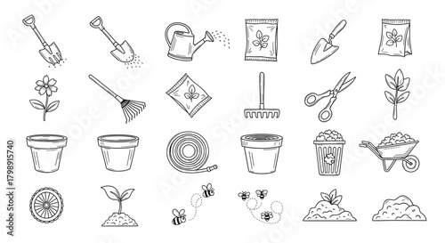Gardening tools and equipment vector set for garden care and planting hand drawn doodle style illustration