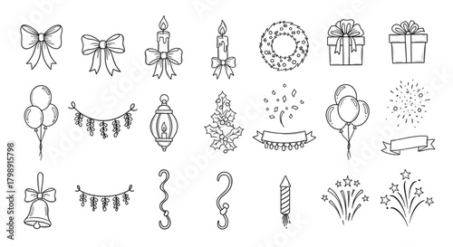 Christmas holiday doodle elements vector set for festive design and decoration celebration icons clip art
