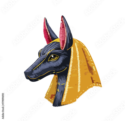 Striking Anubis illustration, mythical guardian of the afterlife, perfect for historical projects or unique cultural designs, adding ancient mystique