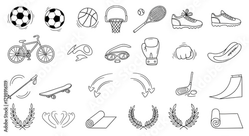 Sports equipment fitness recreation athletic activities gear vector line art illustration design set