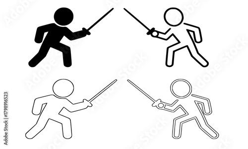 Fencing Sport Icon, Duel with Swords, Competition, Conflict, and Martial Arts Symbol, Outline and Silhouette Pictogram