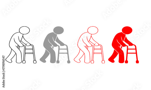 Elderly Person with Walker Icon Set, Senior Mobility Aid, Aging, Rehabilitation, and Physical Disability Symbol, Outline and Silhouette Vector