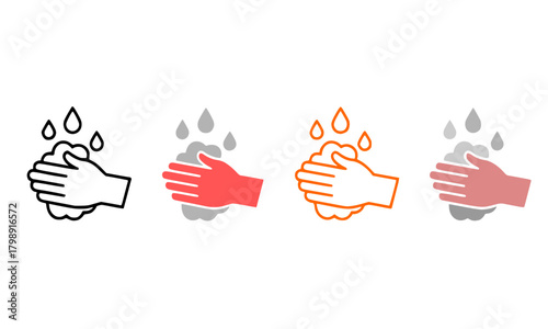 Washing Hands Icon Set, Personal Hygiene, Germ Prevention, Sanitation, and Health Care Symbol, Outline, Flat, and Color Vector