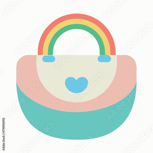 Playful vector logo with baby bag and rainbow.