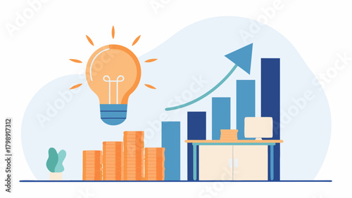 Bright idea sparks financial growth and business success represented by rising bar charts and stacks of coins
