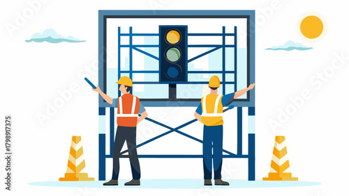 Two construction workers in safety vests and hard hats directing traffic near a temporary traffic light signal installation