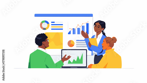 Diverse team of professionals collaborating in a meeting presenting business growth charts and data analysis on a whiteboard and laptop screen