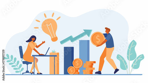 Business growth concept with people working on laptops increasing charts lightbulb idea and coins symbolizing financial success and investment