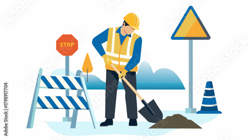Construction worker wearing a hard hat and safety vest digging with a shovel at a roadwork site with barriers and signs