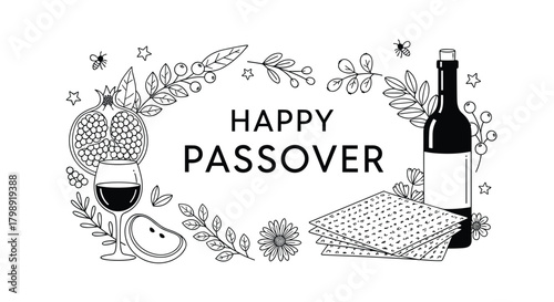 Happy Passover wishes with wine matzah and fruit garland.