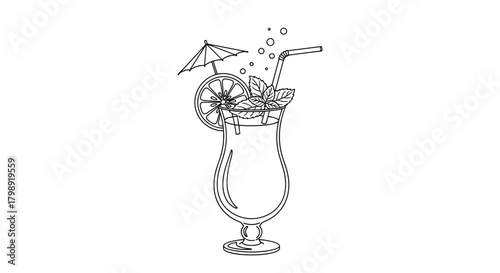 A refreshing tropical cocktail garnished with a slice of citrus and a tiny umbrella.