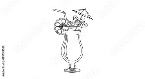 A delightful tropical cocktail garnished with a slice of fruit and a tiny umbrella ready to be enjoyed on a sunny day.