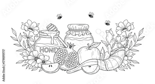 A charming illustration featuring a jar of honey surrounded by fresh fruits and herbs with bees flying overhead.