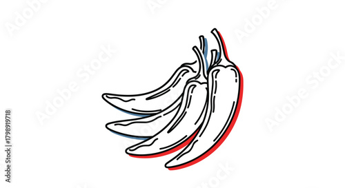 A group of stylized chili peppers rendered in a simple line drawing with red accents.