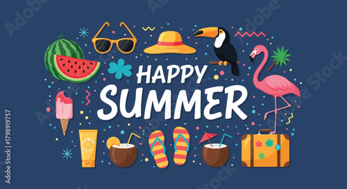 Happy summer vacation with tropical vibes and fun activities.