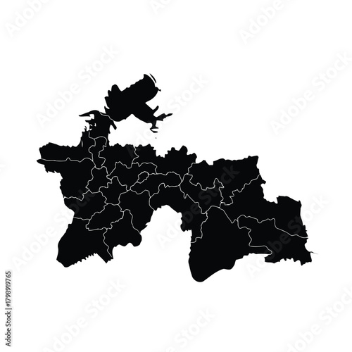 Vector illustration of black silhouette map of tajikistan with internal borders
