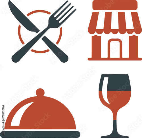 Restaurant icon set dishware market place dining service drink flat design