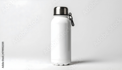 White reusable water bottle with carabiner clip on a gray background
