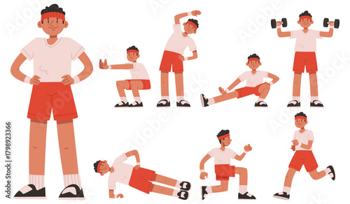 Set of warm-up exercises demonstrated by a cheerful, athletic young man. Flat style vector