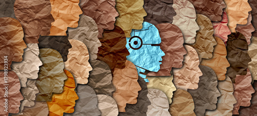 Robots In Society as a concept of the disruptive changes coming to the world as a cyborg within a diverse community of people as AI or artificial intelligence as an economic game changer.