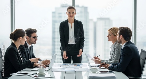 Businesswoman leading a meeting with colleagues at a conference table in a modern office space