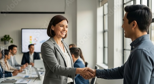Woman in gray blazer shaking hands with man in blue shirt in a bright office setting with colleagues