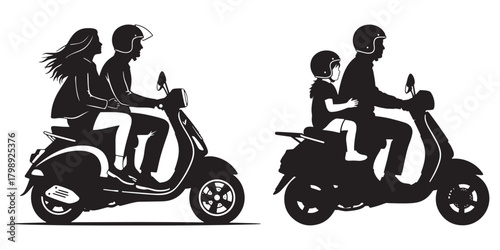 Couple and family riding scooters together, side view