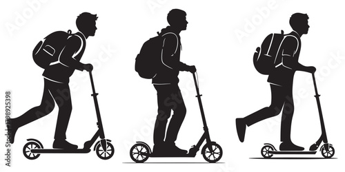 Students with backpacks riding kick scooters, black silhouettes