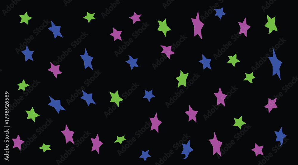 Fototapeta premium Abstract Neon Green, Blue, and Pink Scattered Stars Pattern on Black Background for Festive and Party Designs