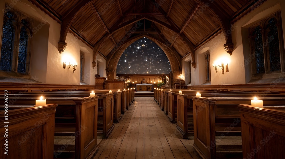Obraz premium Ethereal church interior with wooden pews lit candles and a starlit sky arch