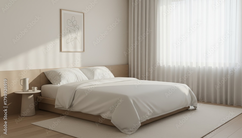 Fototapeta premium Minimal bedroom with white bed sheets and soft morning light