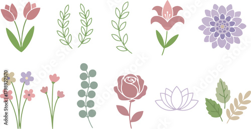 Elegant Pastel Botanical Vector Element Set