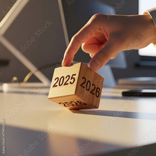 Hand turning wooden cube from 2025 to 2026 on desk
