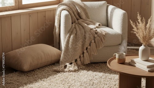 Cozy corner with warm beige textures and a soft throw blanket