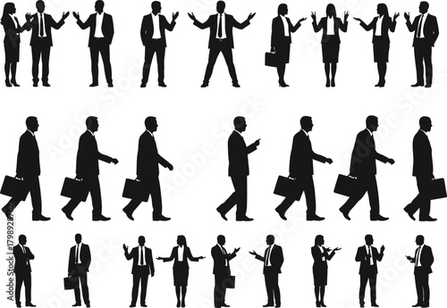Business professionals silhouettes walking, talking, and interacting in various corporate activities, showcasing teamwork, communication, leadership, 