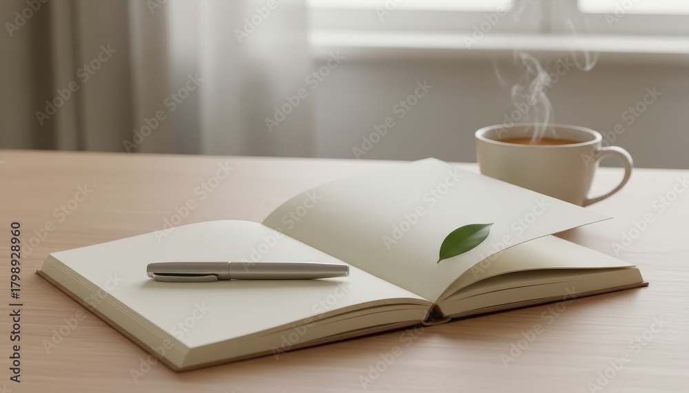 Fototapeta premium Open notebook with pen and steaming tea on a desk