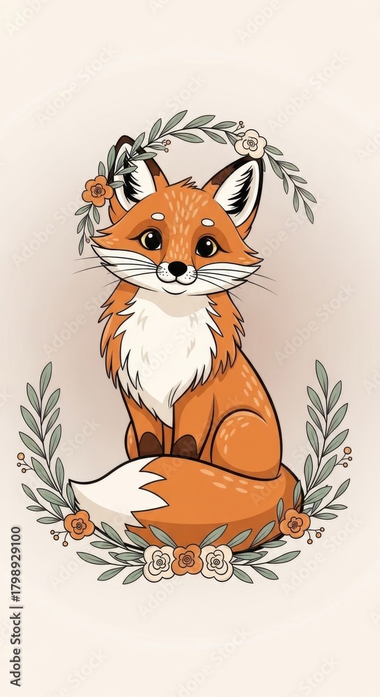 Obraz premium Cute cartoon fox with a gentle smile sitting. Adorable woodland creature wearing a natural floral wreath made of green leaves and delicate blooming flowers.