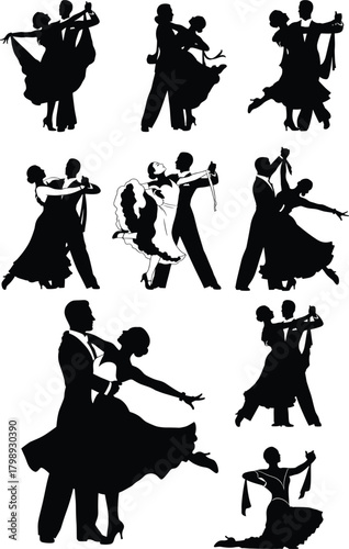 Elegant ballroom dancing couple silhouettes showcasing graceful movement, romantic poses, dynamic choreography and expressive motion for professional vector illustration, performance design, 