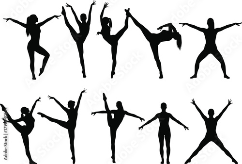 Elegant dance silhouette collection featuring dynamic ballet poses, expressive movement gestures, modern choreography forms, and graceful artistic body shapes for creative vector illustration content