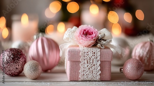 Half-open pink gift box with white satin ribbon on table, pastel peach Christmas ornaments bokeh, soft pink backdrop, photorealistic close-up for Valentine’s e-commerce hero, greeting cover, ad key vi