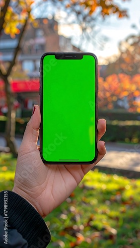Close-up of a hand holding a phone with a bright green screen outdoors