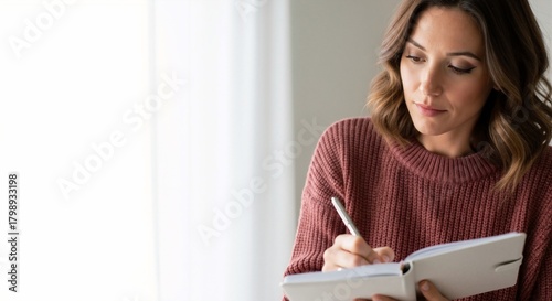 Student planning session — thoughtful woman taking notes in journal, home setting
