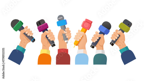 Hands holding microphones for press conference or interview illustration vector design concept