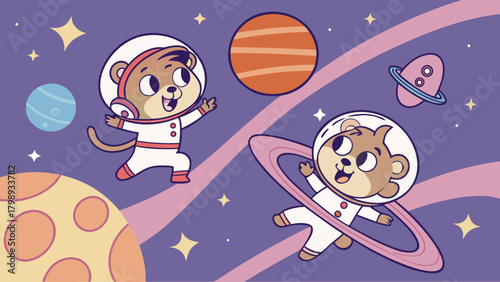 Cartoon hamster astronauts exploring space with planets and stars on purple background