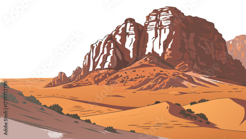 Explore the majestic desert landscape with towering rock formations and endless sand dunes art vector image