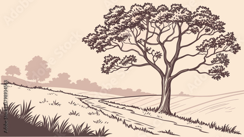 A scenic landscape featuring a solitary tree along a dirt path on a hill