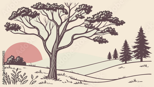 A picturesque landscape with a tree, hills, and setting sun in the background