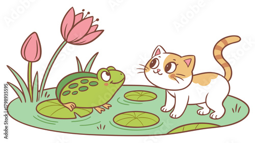 A charming cat and frog in a pond isolated on