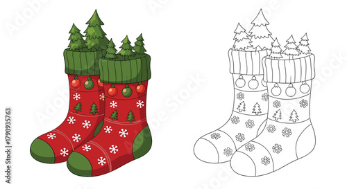festive holiday christmas stockings with christmas trees on top ready for santa claus.