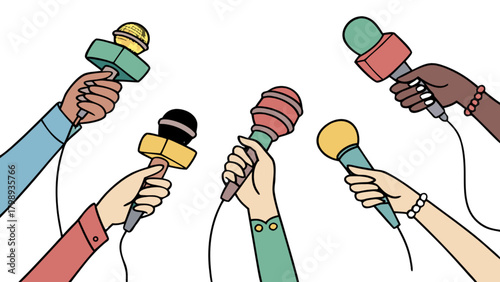 Press conference microphones in hands vector illustration for news and media coverage events design